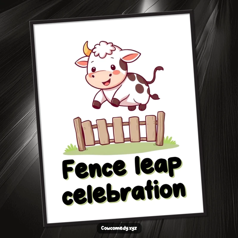 Funny digital art print of a happy cow joyfully jumping over a small fence.