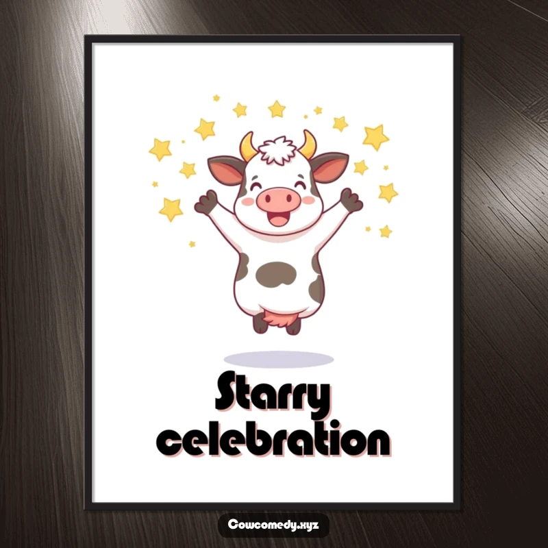 Funny digital art of a cow jumping joyfully with a shower of stars, ready for instant printing.