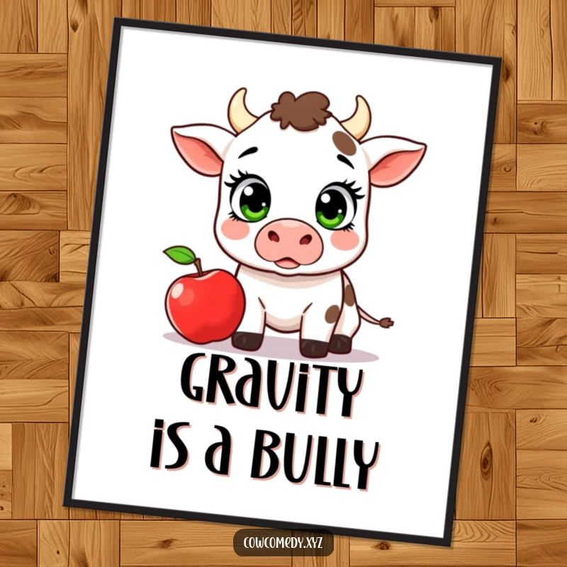 Funny Kawaii Cow Digital Art Print, a cow surprised by an apple, instant downloadable art with humor.