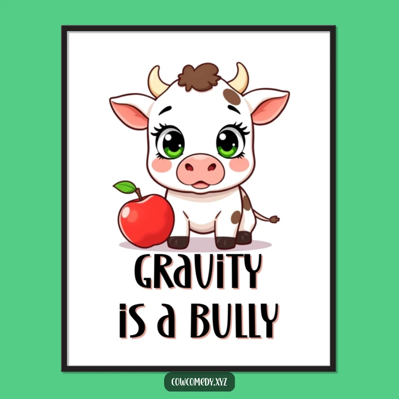 Funny Kawaii Cow Apple Digital Art Print: Surprised Reaction Decor