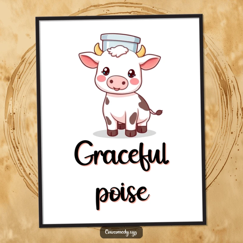 Funny digital art print of a Kawaii cow skillfully balancing a milk pail perfectly on its head with a calm expression.