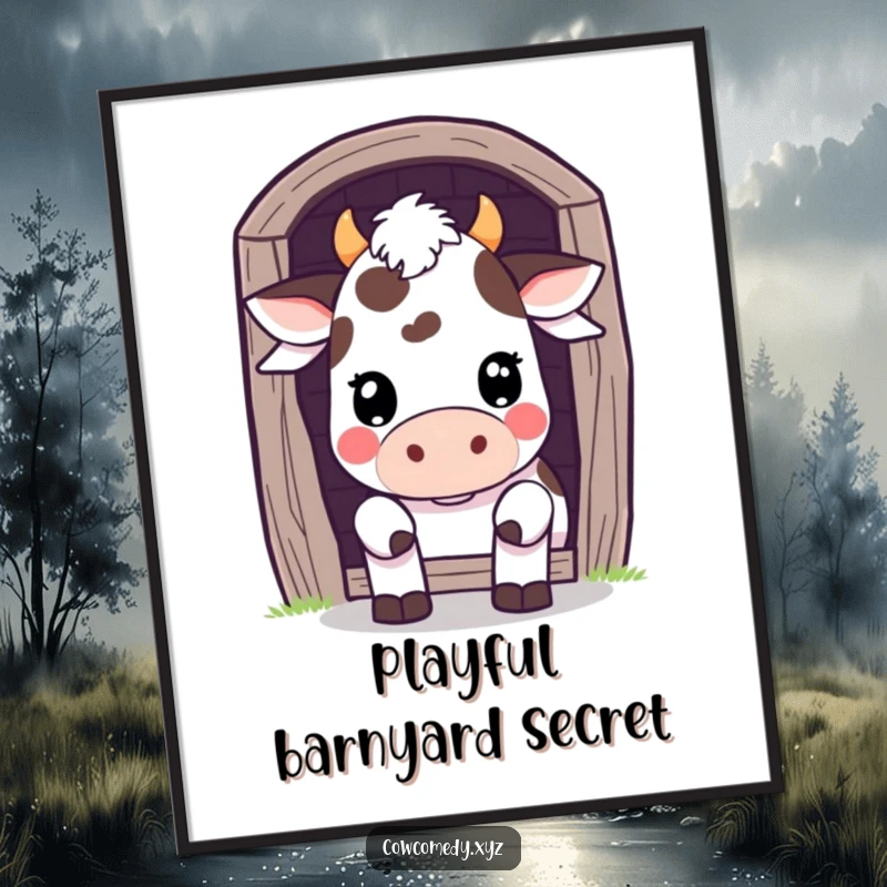Funny Digital Art: A Kawaii cow peeks playfully from behind a barn door, offering instant playful decor and cute charm.