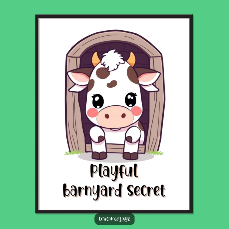 Funny Kawaii Cow Barn Peek Digital Art - Instant Playful Decor