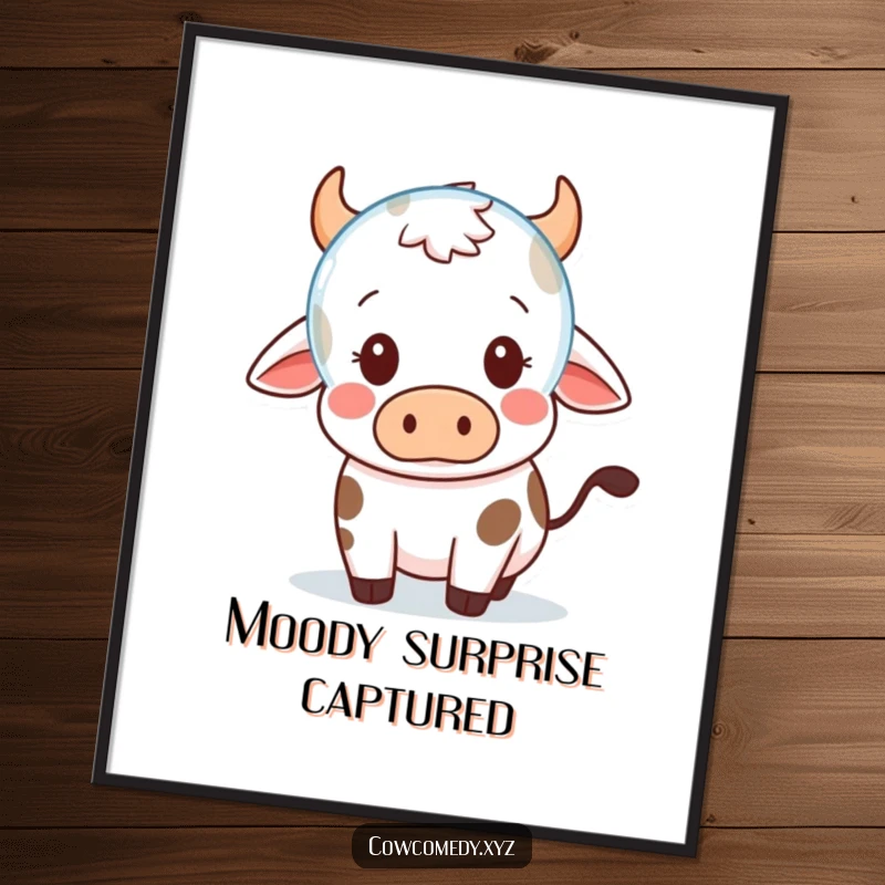 Funny Digital Art: A Kawaii cow looks surprised by a floating bubble, offering instant cute decor and playful charm.