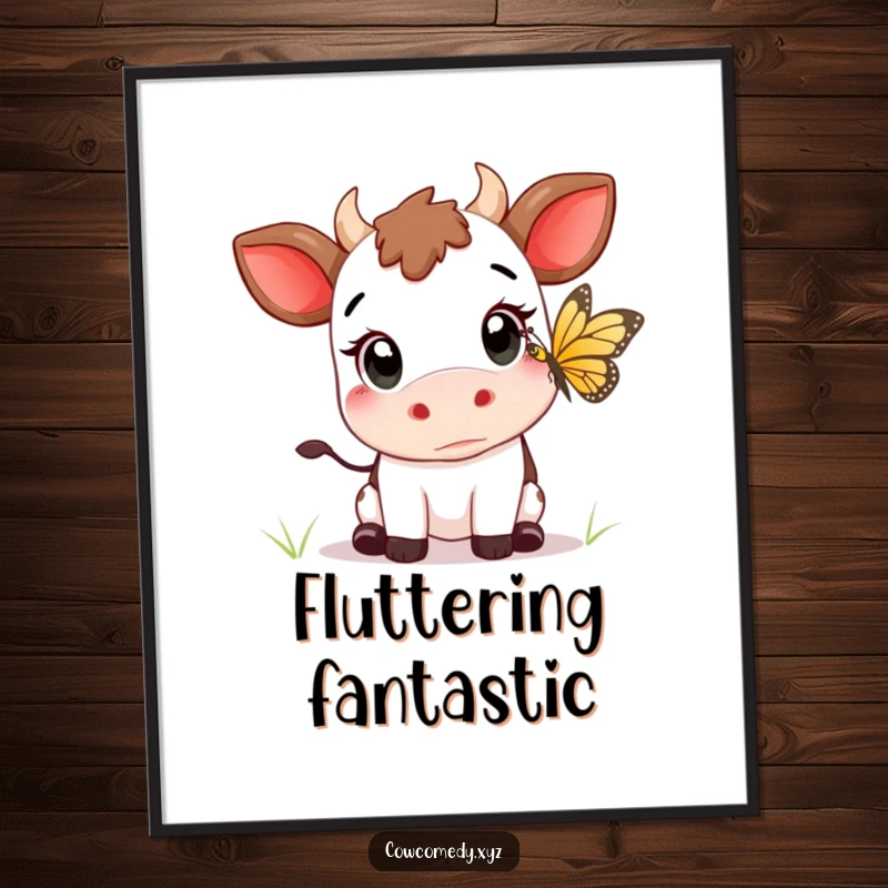 Funny Kawaii cow with wide eyes, trying to catch a butterfly, as a digital art print.