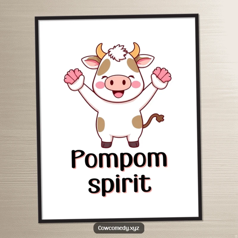 Funny Kawaii Cow Digital Art Print of a cute cartoon cow cheering with tiny pom-poms, instant energetic decor.