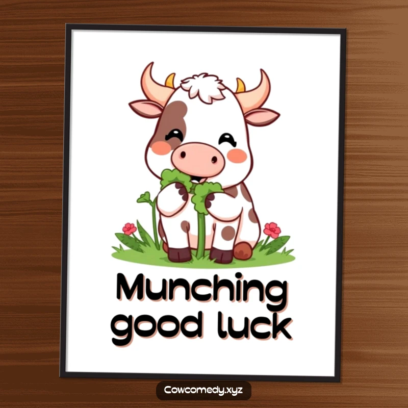 Funny Digital Art: A Kawaii cow happily munches on a giant clover, offering instant happy decor and good luck.