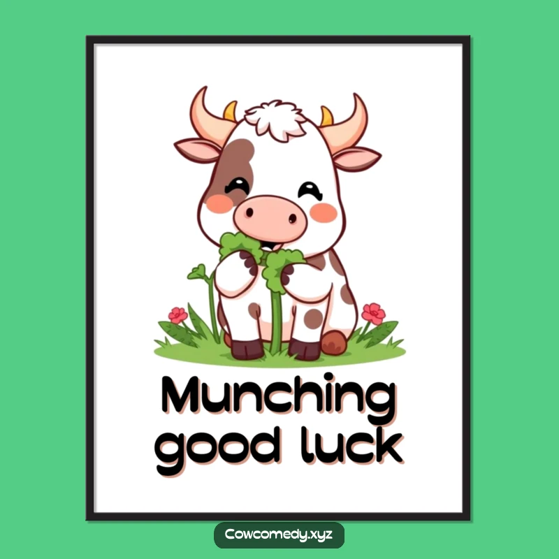Funny Kawaii Cow Clover Munch Digital Art - Instant Happy Decor