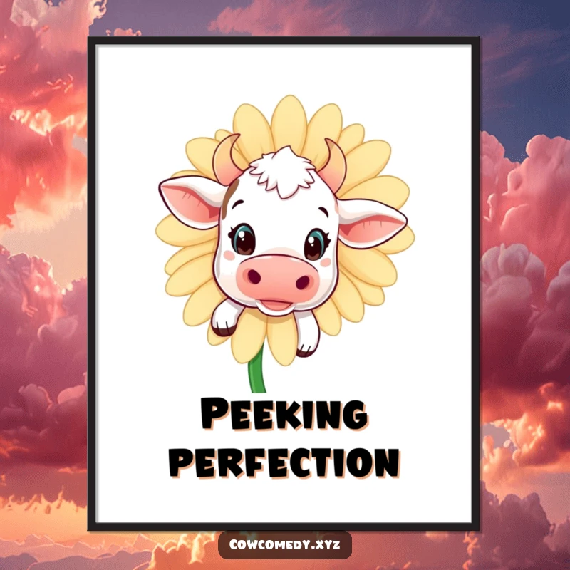 Funny kawaii cow digital art print, showing a curious cow peeking from behind a daisy, offering instant whimsical decor.