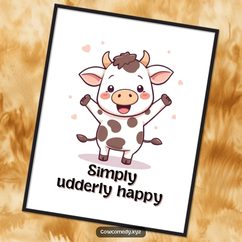 Funny Kawaii cow dancing joyfully, spots flying, as a digital art print, for instant cheerful decor.