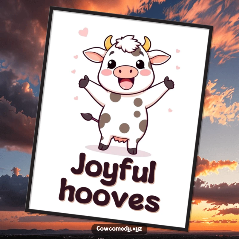 Funny digital art print of a Kawaii cow doing a happy dance, with its colorful spots flying off in a dynamic, joyful motion.