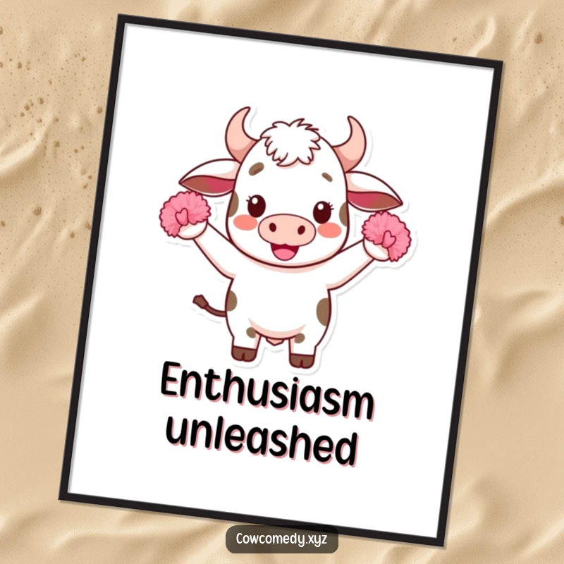 Funny Kawaii Cow Digital Art Print: High-resolution artwork of a cheering Kawaii cow with tiny pom-poms, perfect for digital display or printing.