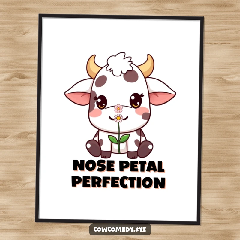 Funny Kawaii cow digital art print showing a cute character balancing a small flower on its nose, perfect for instant humorous decoration.