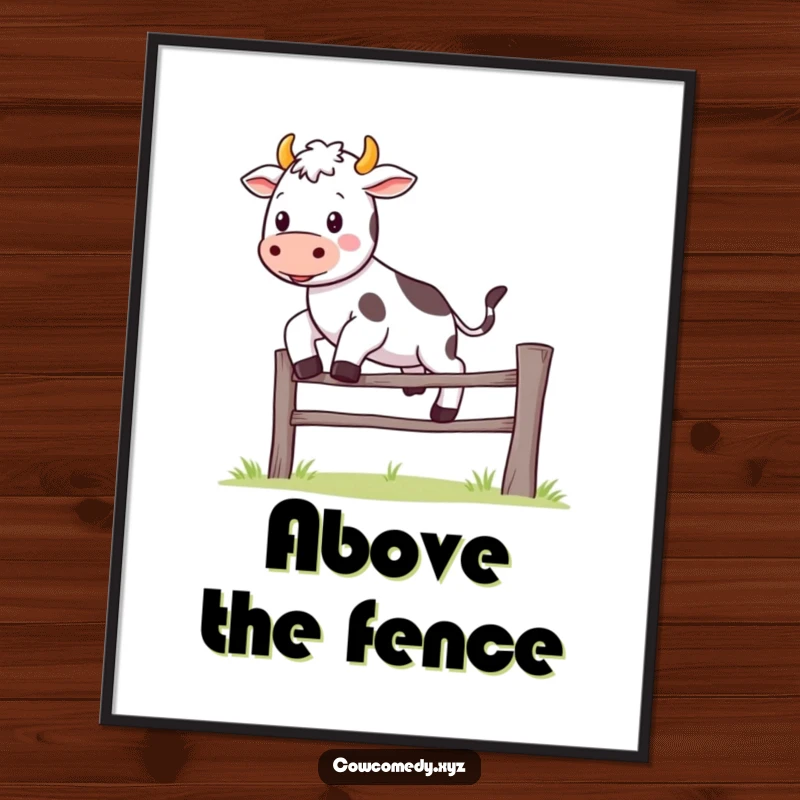 Funny Kawaii cow digital art print showing a cute character joyfully jumping over a small fence, perfect for instant humorous decoration.