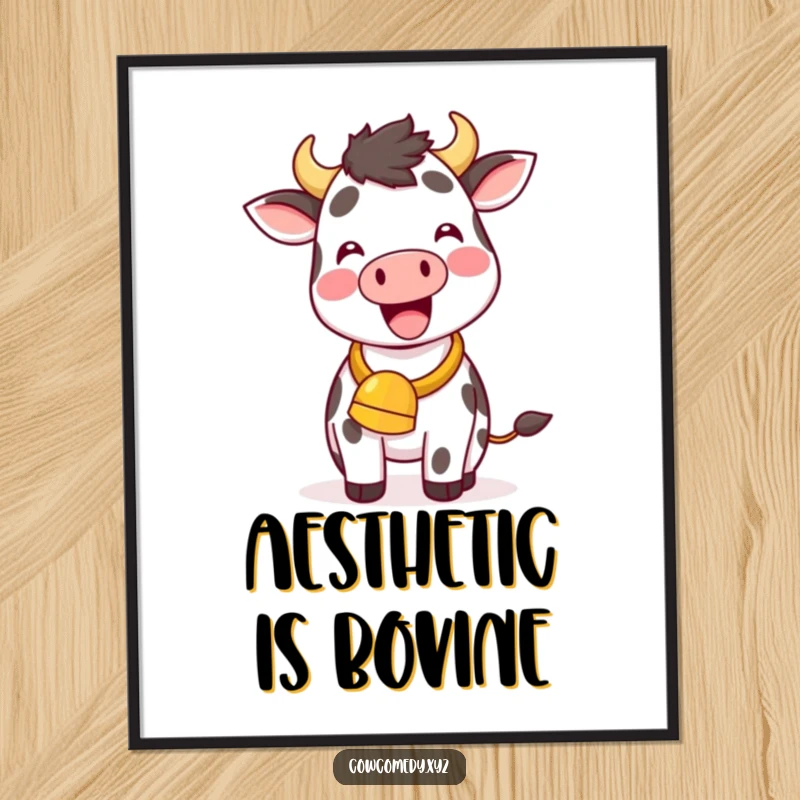 Funny Kawaii Cow Digital Art Print, a happy cow ringing a cowbell, instant downloadable art with humor.