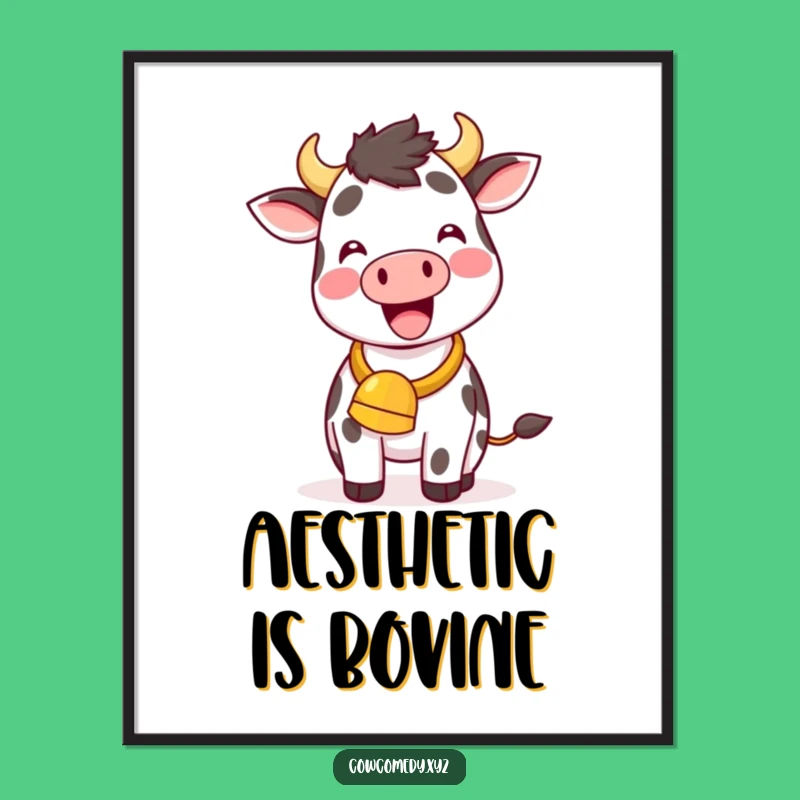 Funny Kawaii Cow Digital Art Print: Delightful Cowbell Ringing Decor