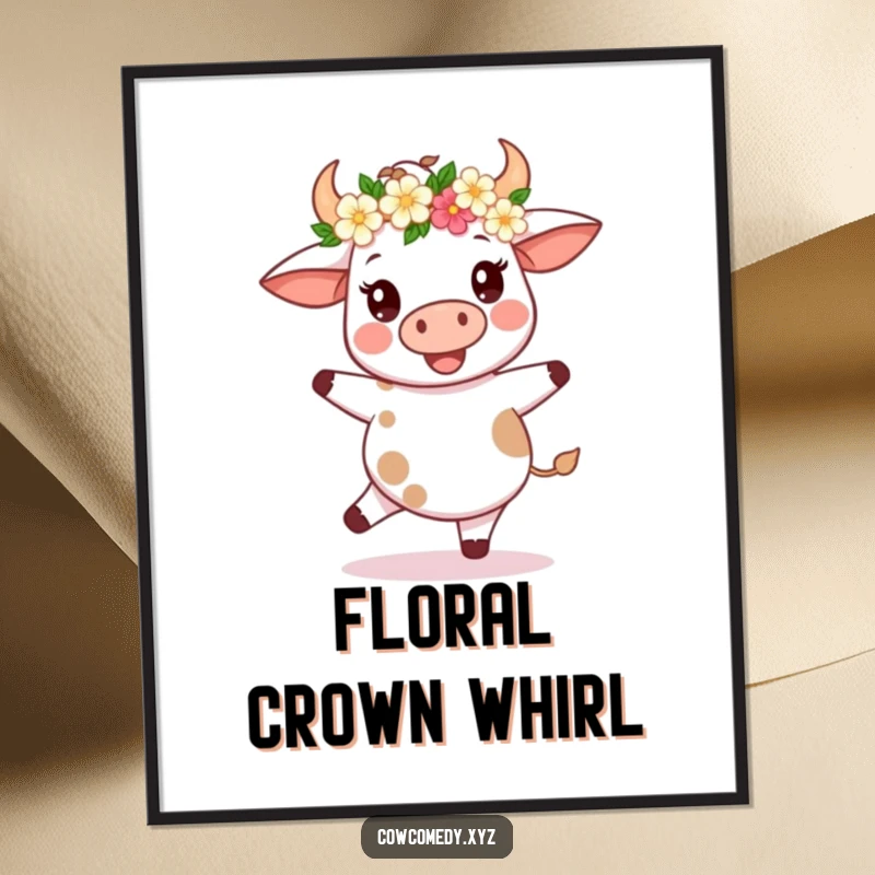 Funny Kawaii Cow Digital Art: Printable art of a cow in a flower crown spinning, bringing instant festive humor.