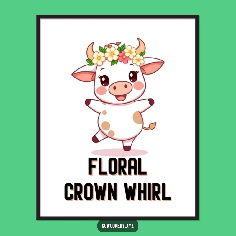 Funny Kawaii Cow Flower Crown Digital Art - Joyful Spin Printable - Instant Gift