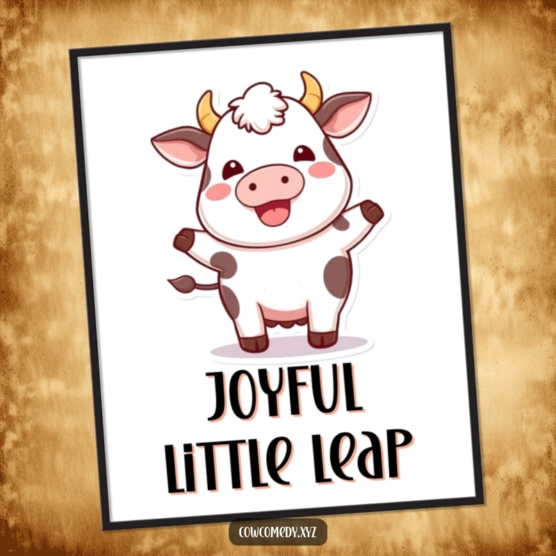 Funny Kawaii Cow Digital Art: Printable art of a plump cow doing a happy hop, bringing instant cheer and humor.