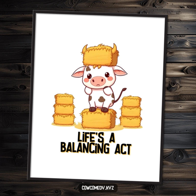Funny Kawaii Cow Digital Art Print, a cow determinedly balancing hay bales, instant downloadable art with humor.