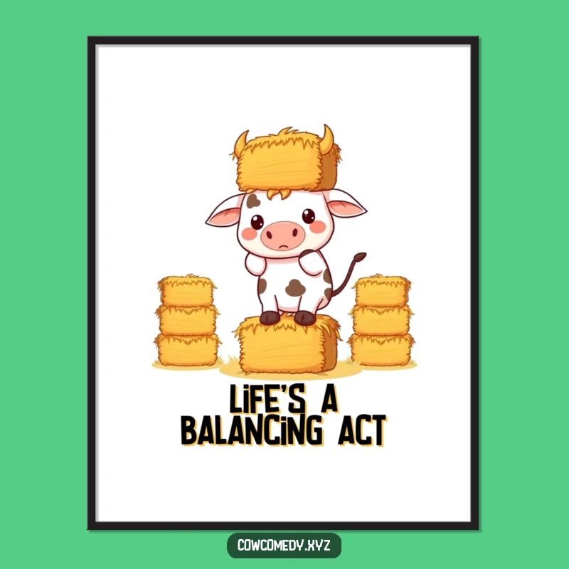 Funny Kawaii Cow Hay Digital Art Print: Determined Balancing Decor