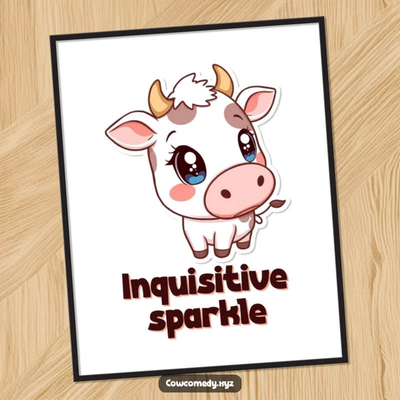 Funny Kawaii Cow Digital Art: Printable art of a cow tilting its head, big sparkly eyes adding instant humor.