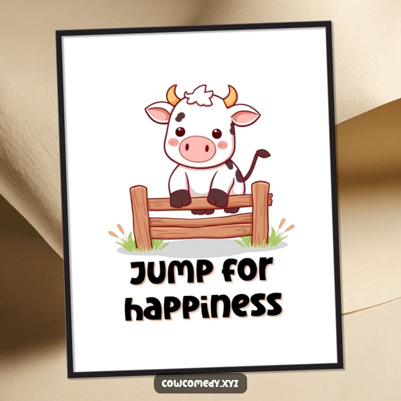 Funny Kawaii cow jumping over a fence digital art print, offering instant energetic decor and humor.