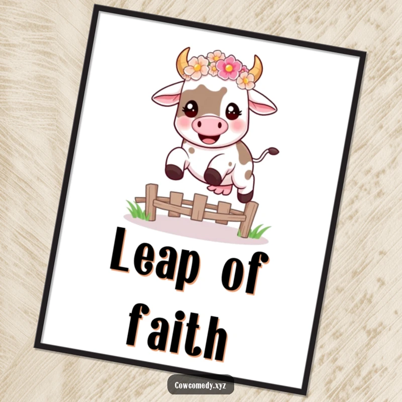 Funny digital art of a happy kawaii cow wearing a flower crown, mid-leap over a fence, perfect for humorous wall decor.