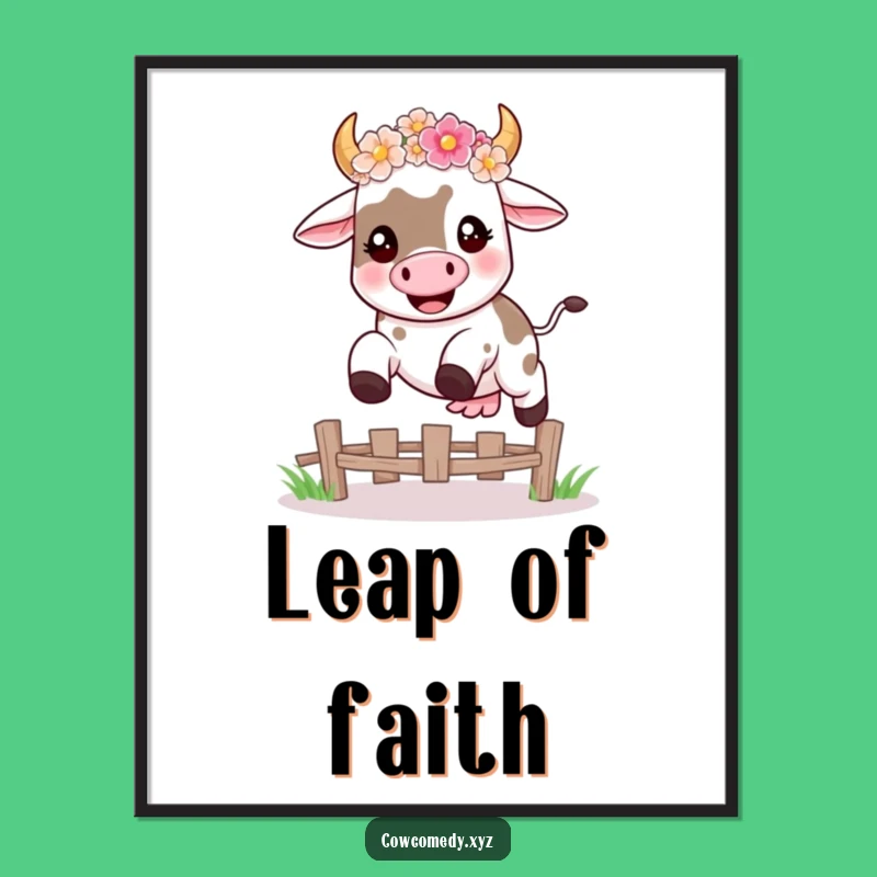 Funny Kawaii Cow Leap Digital Art Print, Instant Happy Decor Gift