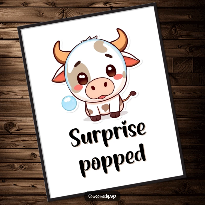 Funny Kawaii Cow Digital Art Print of a cute cartoon cow looking surprised by a floating bubble, instant whimsical decor.