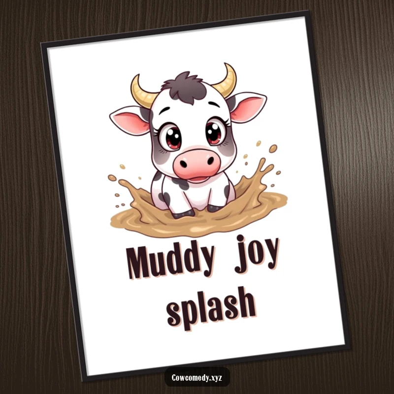 Funny digital art print of a cow with large eyes, gleefully splashing in mud.