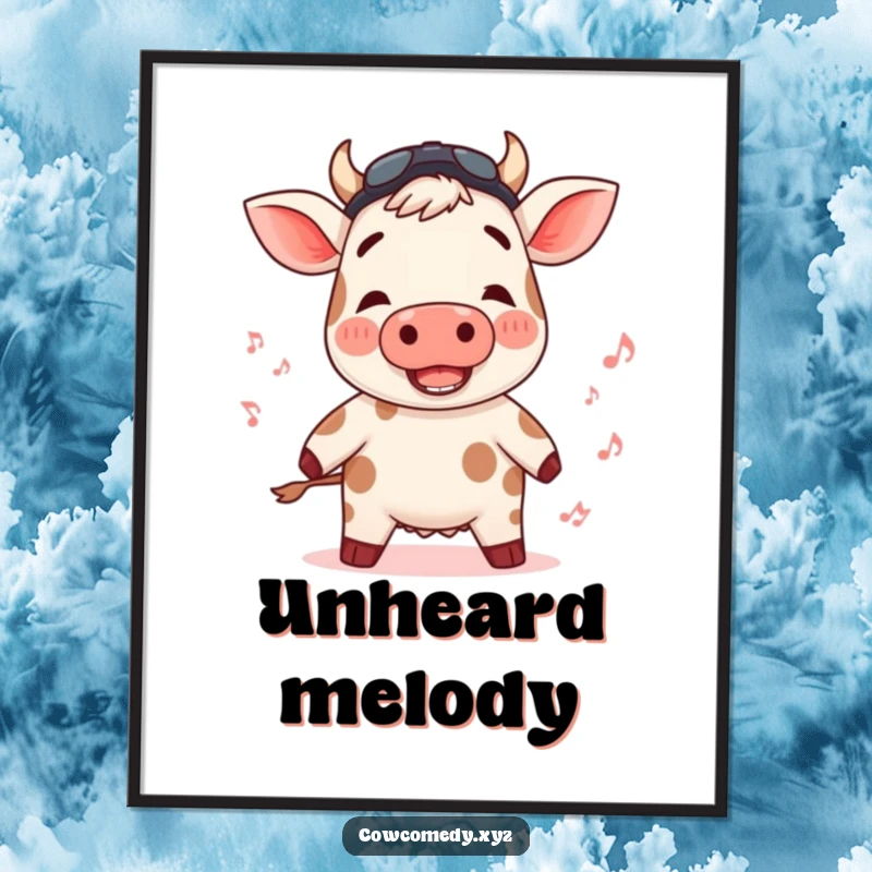 Funny digital art of a cow with rosy cheeks bopping to an unheard rhythm, ready for printing.