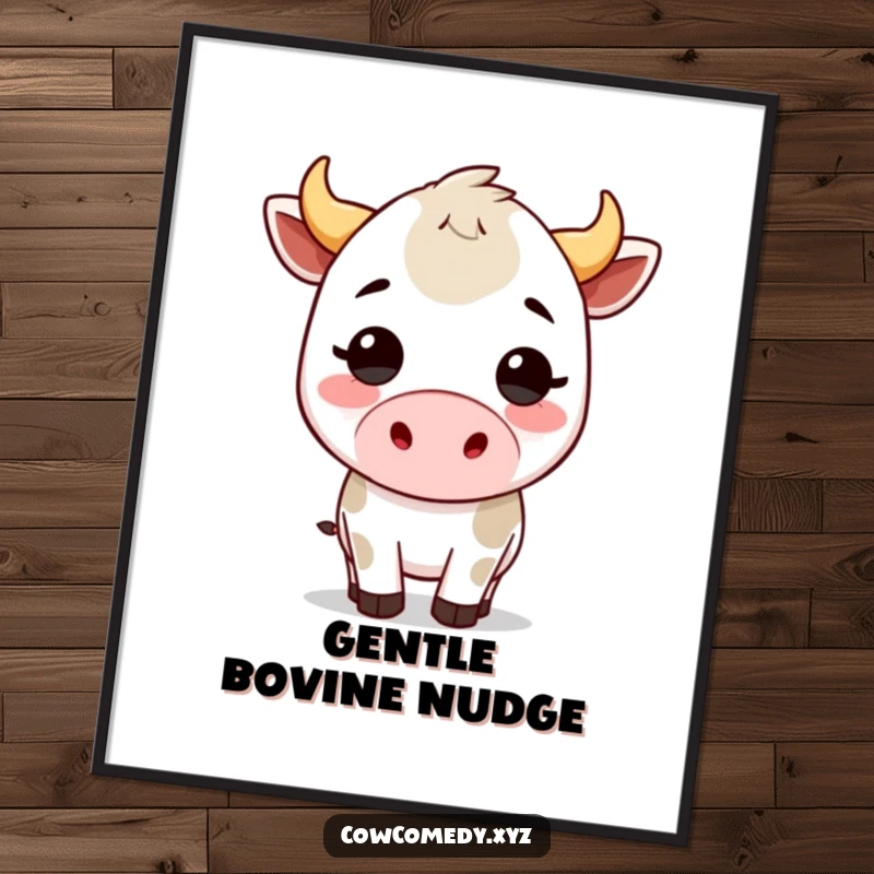 Funny kawaii cow digital art print of a cute bovine character doing a humorous headbutt, perfect for instant, cheerful wall decor.