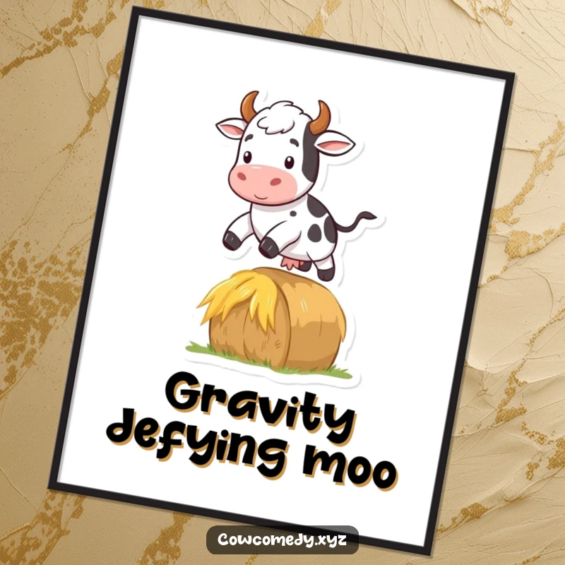 Funny digital art print of a cow dynamically jumping over a hay bale, capturing farm fun and excitement.