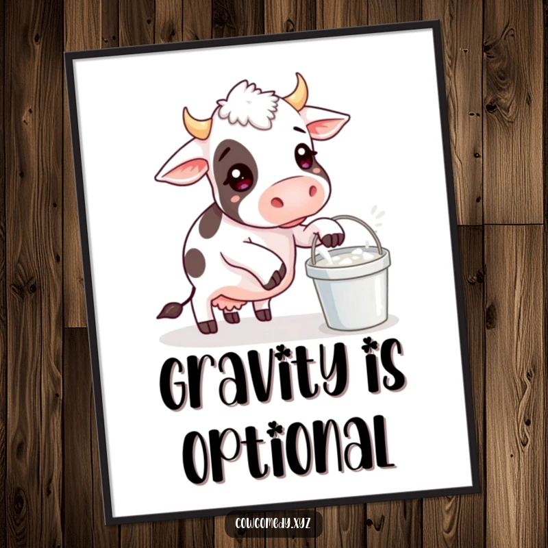 Funny digital art print of a cow comically struggling to balance a milk bucket, perfect for instant humorous home decor.