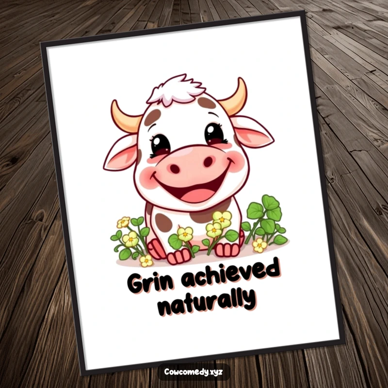 Funny digital art print of a cow with a wide, joyful grin eating clover, perfect for instant cheerful decor.
