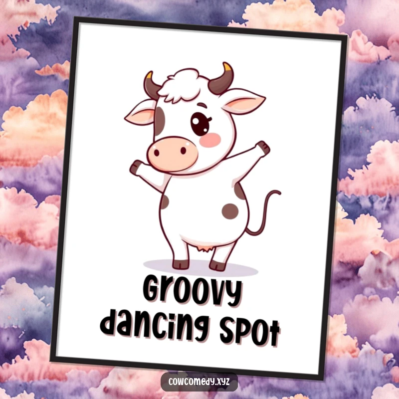 Funny cow dance digital art print of a cute kawaii cow character doing a whimsical silly dance, perfect for instant wall decor.