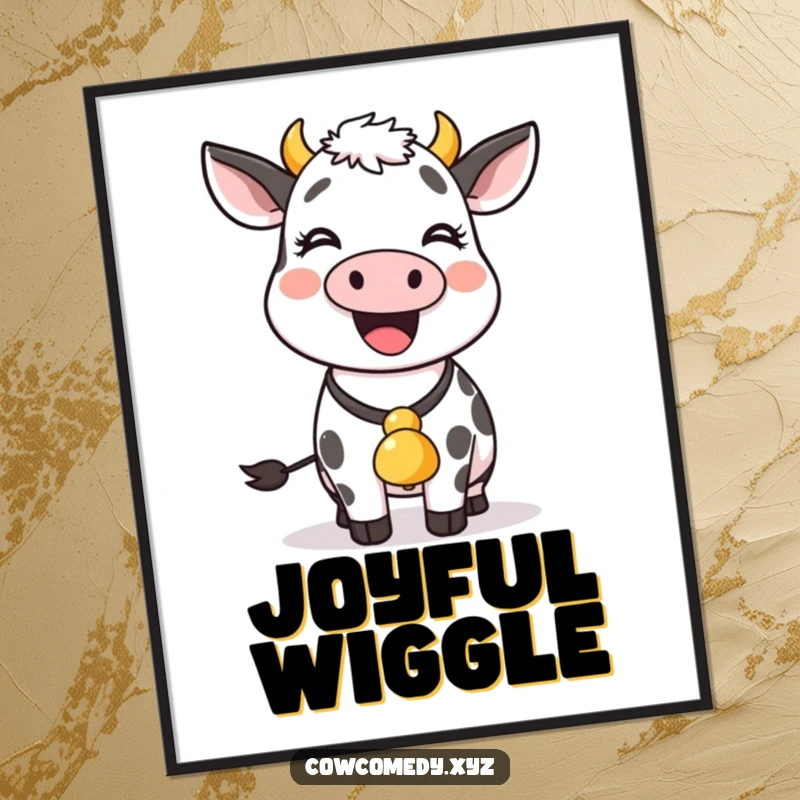 Funny cow with a bell around its neck wiggles joyfully, rendered as a cheerful and amusing digital art print.