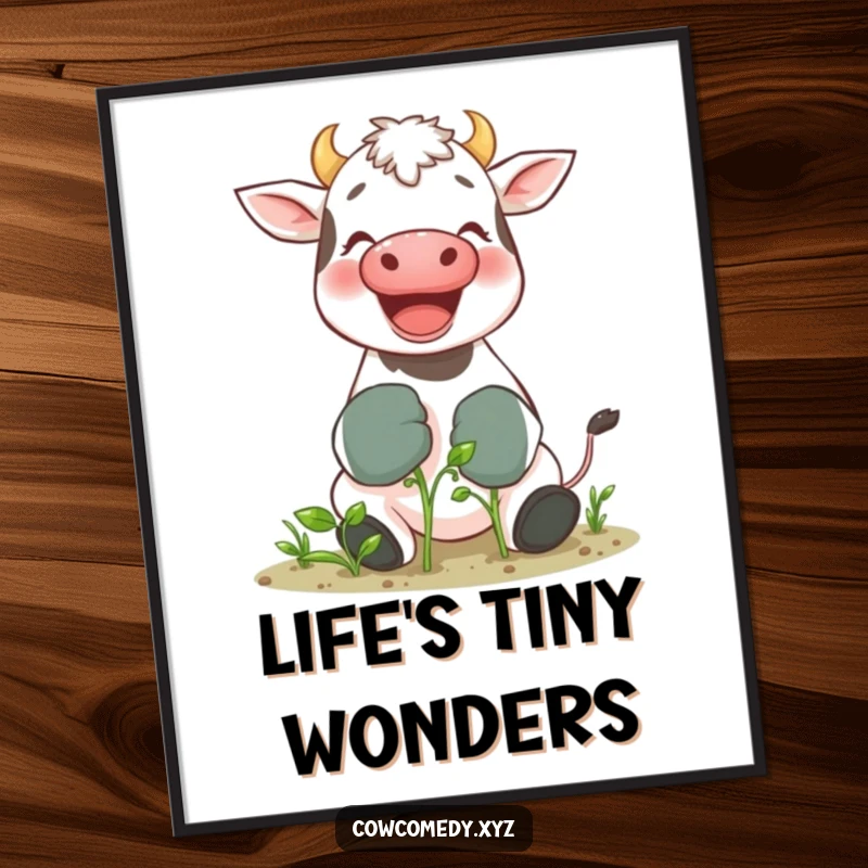 Funny digital art print of a giggling cow in gardening gloves tending a tiny sprout, offering instant garden-themed humor.
