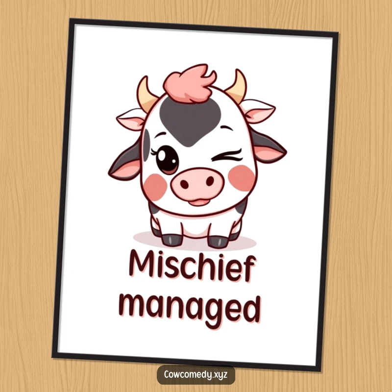 Funny Kawaii Cow Digital Art Print of a cute cartoon cow winking with a mischievous grin, instant mischievous decor.