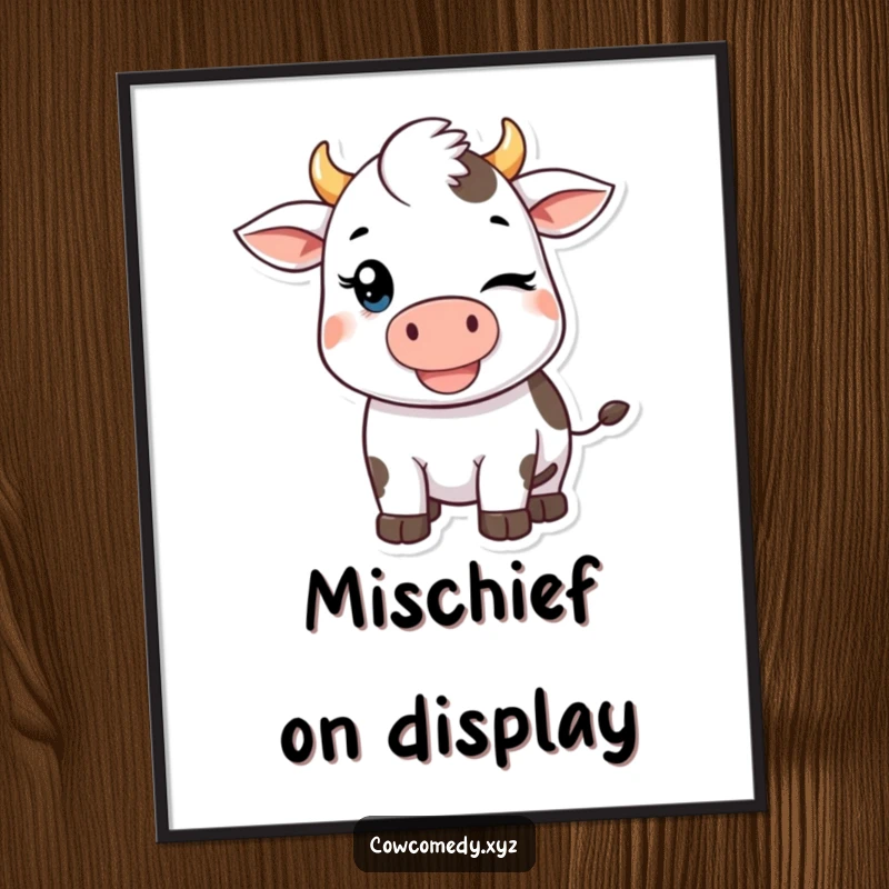 Funny Kawaii Cow Digital Art Print: High-resolution artwork of a winking Kawaii cow with a mischievous grin, perfect for digital display or printing.