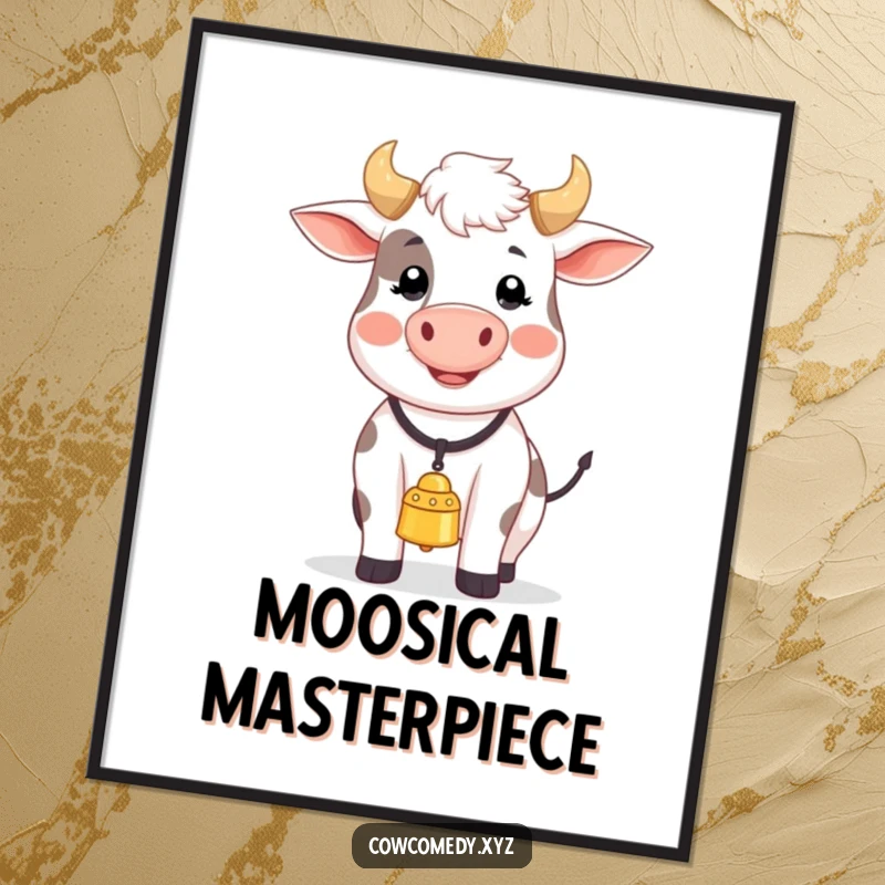 Funny digital art print of a happy cow wearing a bell, joyfully mooing a song, radiating musical happiness.