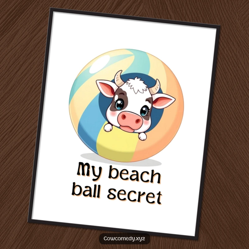 Funny Digital Art Print: A surprised cow peeking out from behind a giant striped beach ball, offering comical beachy visual appeal.