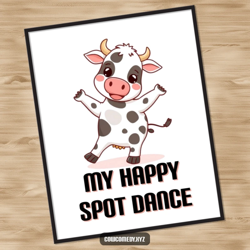 Funny digital art print of a happy cow doing a silly dance, its spots bouncing rhythmically, perfect for fun decor.