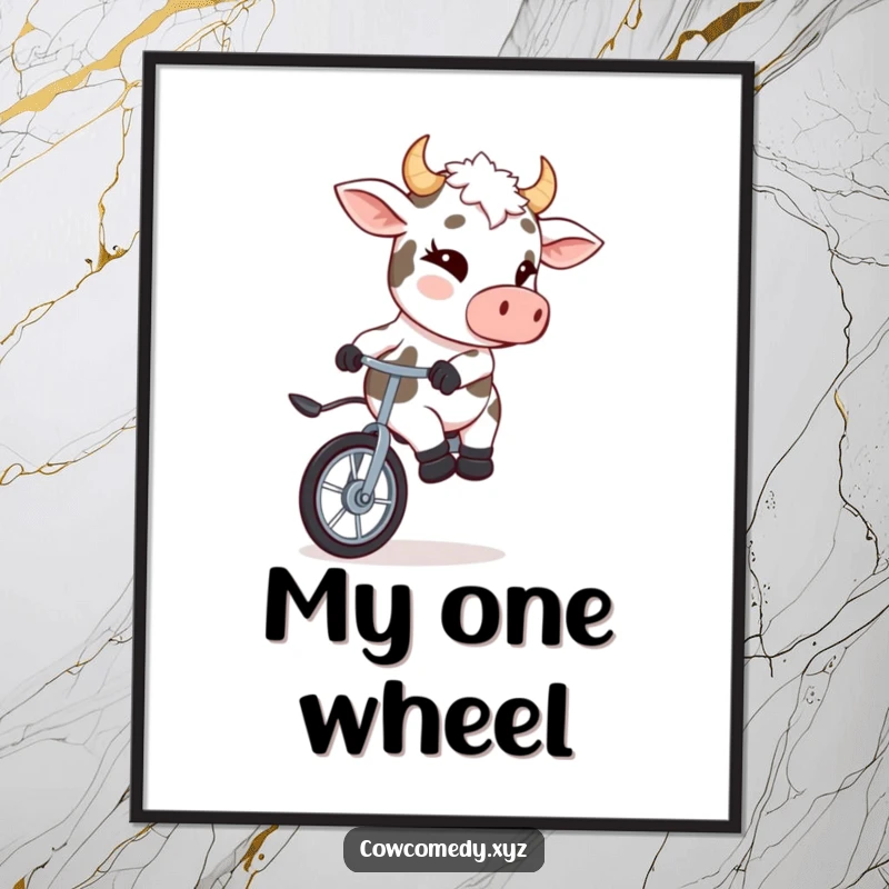 Funny digital art of a winking cow expertly riding a unicycle, ready to be printed.