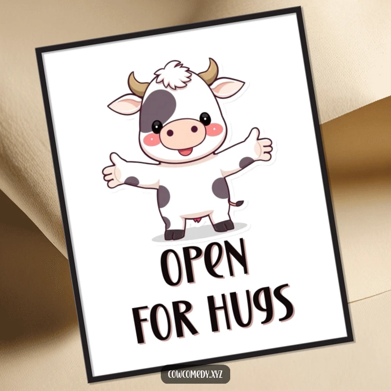 Funny digital art print of a cute cow character with arms wide open, ready to bestow a friendly and loving hug.