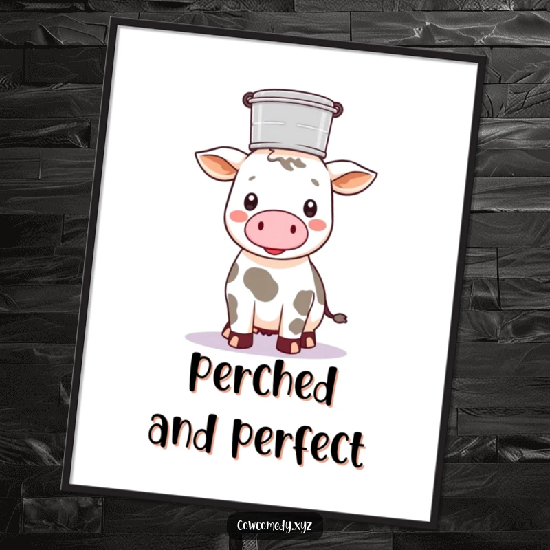 Funny Kawaii cow balancing a milk pail on its head, as a digital art print, for instant decor.