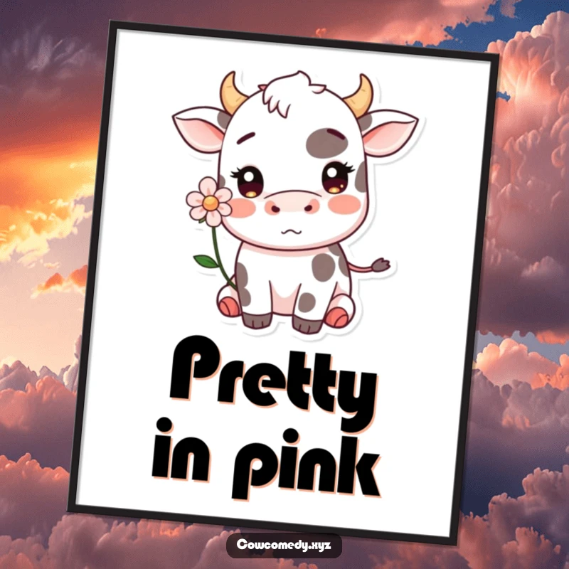 Funny Kawaii cow blushing with a flower digital art print, offering instant sweet decor and shy humor.
