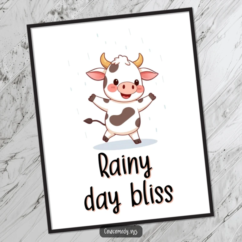 Funny digital art print of a happy cow character dancing in the rain with a broad smile, radiating pure, unadulterated joy and cheer.