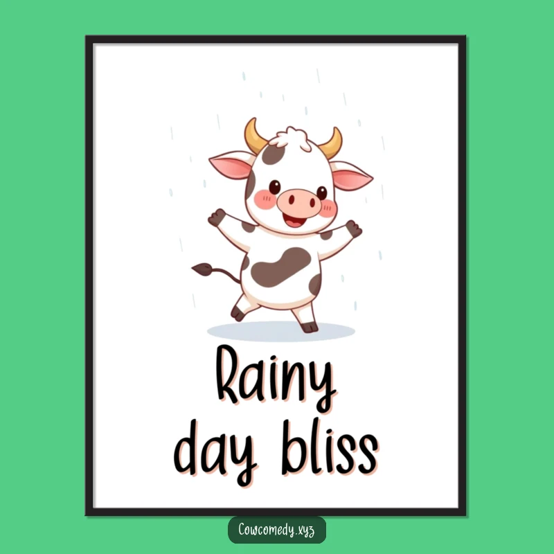 Funny Happy Cow Dancing Rain Digital Art. Joyful Decor. Instant Funny Gift Download!